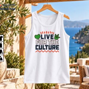 Live For The Culture graphic with bold navy lettering, green heart and hand sign, and orange-red accents