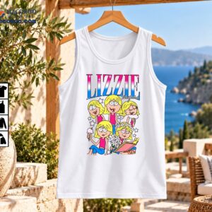 Lizzie McGuire cartoon shirt design with five blonde girls, pink outfits, stars, white flowers, an ice cream cone, and an open book
