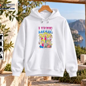 Lizzie McGuire cartoon shirt design with five blonde girls, pink outfits, stars, white flowers, an ice cream cone, and an open book