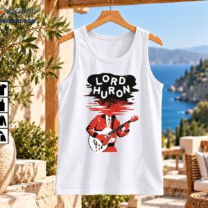 Lord Huron shirt graphic with white lettering, red-suited guitarist, white electric guitar and distressed rock artwork