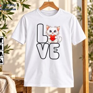 Love Cute White Cat Holding Red Heart Outline Art Shirt