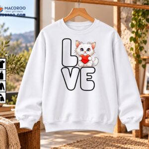 Love Cute White Cat Holding Red Heart Outline Art Shirt