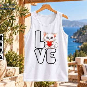 LOVE black outline lettering with a fluffy white kitten holding a red heart, cute cat lover T-shirt design