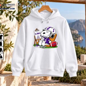 Cartoon dog painting LSU Tigers Football sign wearing purple number 1 jersey and helmet beside LSU football