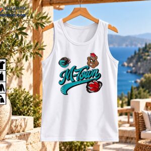 M-Town teal script graphic with two fierce bears, a red basketball, and a red cap marked 901