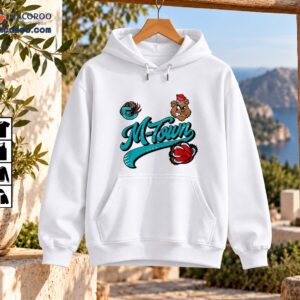 M-Town teal script graphic with two fierce bears, a red basketball, and a red cap marked 901
