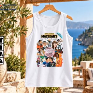 Maclean's The New Canadian Canon Special Issue shirt design with colorful Canadian pop culture and hockey collage