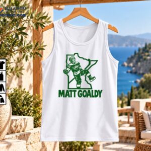 Green halftone hockey player wearing number 12 celebrating inside Minnesota outline above MATT GOALDY text