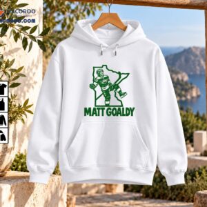 Green halftone hockey player wearing number 12 celebrating inside Minnesota outline above MATT GOALDY text