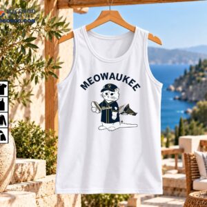 Meowaukee Milwaukee baseball cat graphic with white cat in navy and gold jersey holding a hot dog