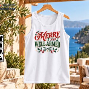 Merry and Well-Armed Christmas design with vintage red and green lettering, crossed revolvers, holly berries, and gold stars