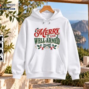 Merry and Well-Armed Christmas design with vintage red and green lettering, crossed revolvers, holly berries, and gold stars