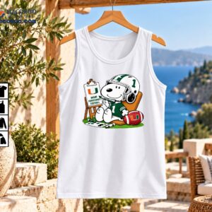Cartoon dog wearing Miami Hurricanes number 1 football uniform painting beside U logo easel and football