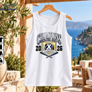Milwaukee 2026 Champions baseball design with varsity lettering, navy and gold shield, baseball emblem and crossed bats