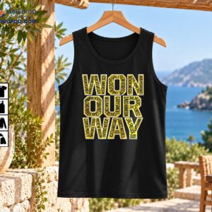 Won Our Way Milwaukee baseball graphic with bold gold block letters filled with player names and white outlines