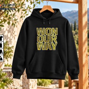 Won Our Way Milwaukee baseball graphic with bold gold block letters filled with player names and white outlines