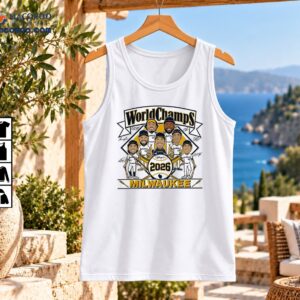 Milwaukee WorldChamps 2026 baseball shirt with seven cartoon player caricatures, crossed bats, and gold lettering
