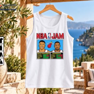NBA Jam retro basketball graphic with Antetokounmpo and Adebayo portraits, flaming basketball logo, and arcade stats