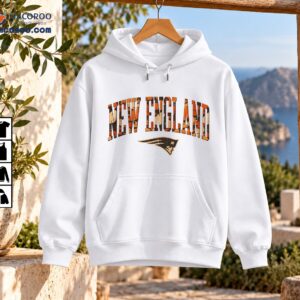 New England fall football shirt design with arched orange camo lettering and distressed patriot head emblem