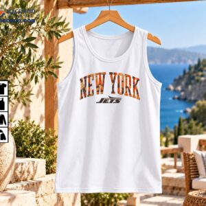 New York Jets shirt design with arched autumn camouflage NEW YORK lettering and distressed charcoal JETS wordmark