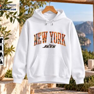 New York Jets shirt design with arched autumn camouflage NEW YORK lettering and distressed charcoal JETS wordmark