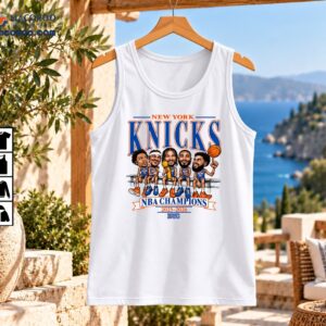 New York Knicks caricature shirt design with five basketball players, a golden trophy, NBA Champions banner, and 2025-2026 text