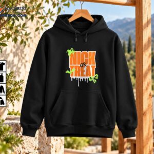 Nick Or Treat Halloween shirt graphic with orange lettering, green ghost, bats, spider, skulls, and white drips