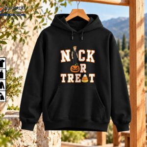 Nick Or Treat Halloween graphic with blond cartoon boy, orange jack-o'-lantern, candy corn and varsity letters