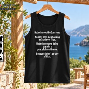 Funny fitness shirt with white text about 5am runs, choosing salad over fries, yoga, and doing none of those things