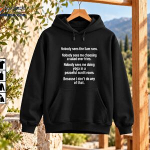 Funny fitness shirt with white text about 5am runs, choosing salad over fries, yoga, and doing none of those things