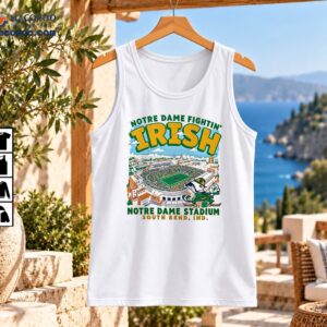 Notre Dame Fightin' Irish Stadium Vintage Football Graphic Shirt 2 Vintage Notre Dame Fightin' Irish stadium graphic with gold lettering, football field and green leprechaun mascot