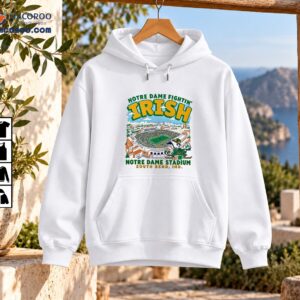 Notre Dame Fightin' Irish Stadium Vintage Football Graphic Shirt 3 Vintage Notre Dame Fightin' Irish stadium graphic with gold lettering, football field and green leprechaun mascot