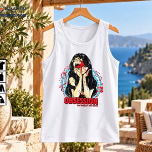 Obsession anime graphic with black-haired horror girl, red splatters, turquoise accents and You only get ONE WISH text
