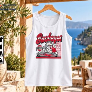 Ohio State Buckeyes wrestling graphic with two grappling wrestlers, scarlet script lettering and vintage design
