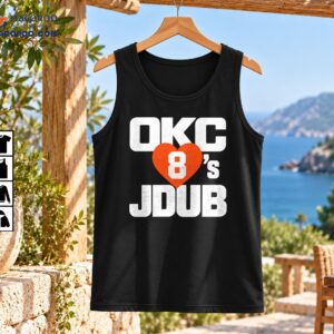 OKC Loves J Dub shirt graphic with distressed white lettering, an orange heart, and a white number 8