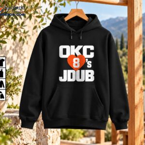 OKC Loves J Dub shirt graphic with distressed white lettering, an orange heart, and a white number 8