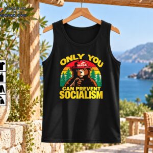 Vintage brown bear wearing a red MAGA hat with yellow text reading Only You Can Prevent Socialism