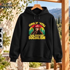 Vintage brown bear wearing a red MAGA hat with yellow text reading Only You Can Prevent Socialism