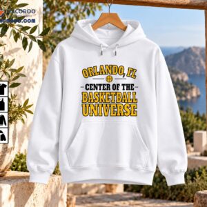 Orlando FL Center of the Basketball Universe shirt design with gold varsity lettering and basketball graphic
