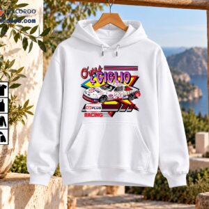 Ovie's Giglio racing graphic with a white No. 23 Oldsmobile, Copiers Plus lettering, and colorful retro racing shapes