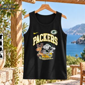 PACKERS Christmas graphic with a Santa cartoon dog riding a golden sleigh pulled by a red-nosed reindeer