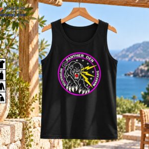 Panther Den Information Warfare graphic with snarling black panther, yellow lightning bolts and purple circular border