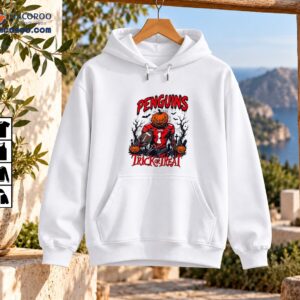 Penguins Football Trick Or Treat Halloween Pumpkin Player Shirt 3 Penguins Halloween football graphic with pumpkin-headed player wearing number 1, bats, haunted trees and Trick or Treat text