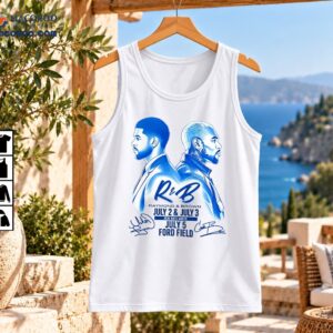 Blue and white R&B concert shirt design with two back-to-back artist portraits, July dates, Ford Field text, and signatures
