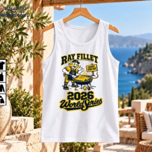 Ray Fillet Friday Fish Fry 2026 World Series navy and gold shirt graphic with mustached mascot grilling fish