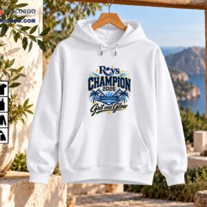 Rays Champion 2026 Grit and Glow baseball graphic with a capped baseball, crossed bats, palm trees, and stadium