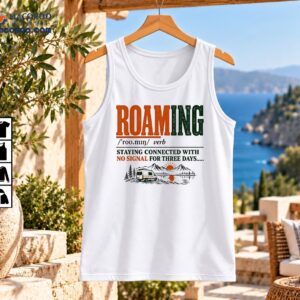 Roaming camping shirt design with distressed orange and green lettering, a camper van, mountains, pine trees, and sunset lake