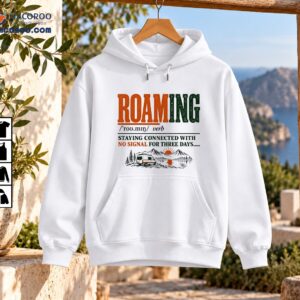 Roaming camping shirt design with distressed orange and green lettering, a camper van, mountains, pine trees, and sunset lake
