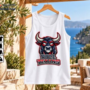 Angry dark navy bull mascot with ivory horns and red accents above bold ROLL TEXANS lettering