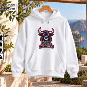 Angry dark navy bull mascot with ivory horns and red accents above bold ROLL TEXANS lettering